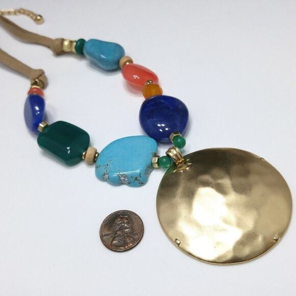 Chico’s Multicolor Beaded Necklace Gold Pendant Suede Cord NWT Statement - Picture 2 of 16